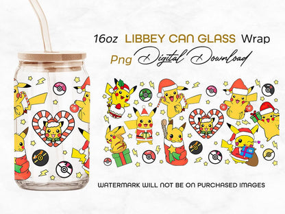 Cartoon Christmas Tumbler PNG, 16oz Libbey Glass Can Wrap, Pika Anime Sublimation, Cartoon Wrap, Gotta catch ‘em all, Poke Can Wrap - VartDigitals