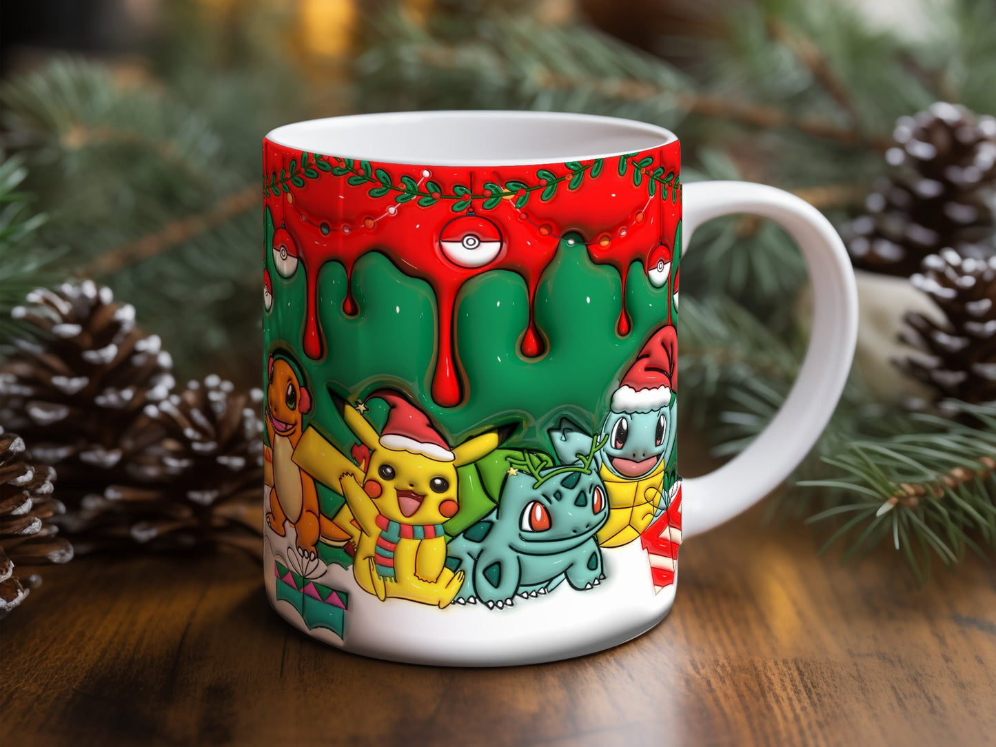 Pokemon 3D Inflated Christmas Mug Wrap, Cartoon Christmas 11oz 15oz Mug Design Download PNG, Movie, Video Game 3D Puff 20oz Digital Mug Wrap - VartDigitals