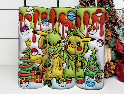 Inflated 3D Cartoon Poke Christmas Tumbler PNG, 3D Anime Cartoon Sublimation, 3D Digital Game Tumbler, Grinc Tumbler Wrap, Pika Grinc - VartDigitals