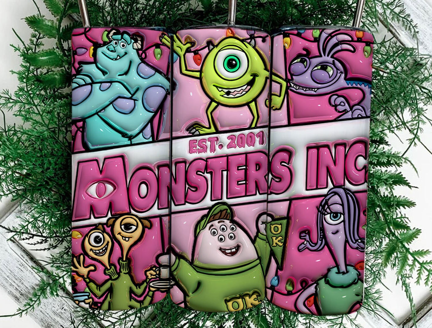 3D Inflated Monsters Christmas Tumbler Wrap Png, Monsters Tumbler Png, Cartoon Christmas Png, Pink Christmas Tumbler Wrap - VartDigitals