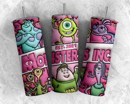 3D Inflated Monsters Christmas Tumbler Wrap Png, Monsters Tumbler Png, Cartoon Christmas Png, Pink Christmas Tumbler Wrap - VartDigitals