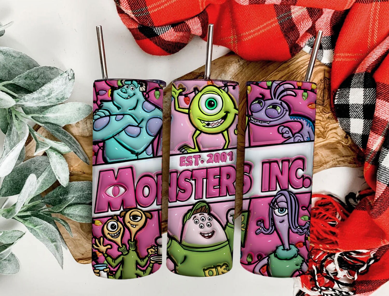 3D Inflated Monsters Christmas Tumbler Wrap Png, Monsters Tumbler Png, Cartoon Christmas Png, Pink Christmas Tumbler Wrap - VartDigitals