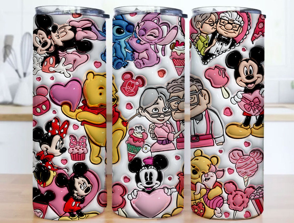 3D Inflated Stitch Valentine Tumbler Wrap, Mickey Minnie Valentine 3D Inflated Tumbler Wrap, Carl And Ellie Tumbler Png, Pooh Valentine - VartDigitals