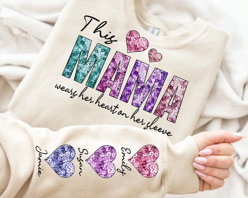 This MAMA Wear her Heart PNG, Faux Sequin Glitter Design, Valentine PNG File, Mama's Valentine Digital Download, Sequin Valentine Png Shirt - VartDigitals