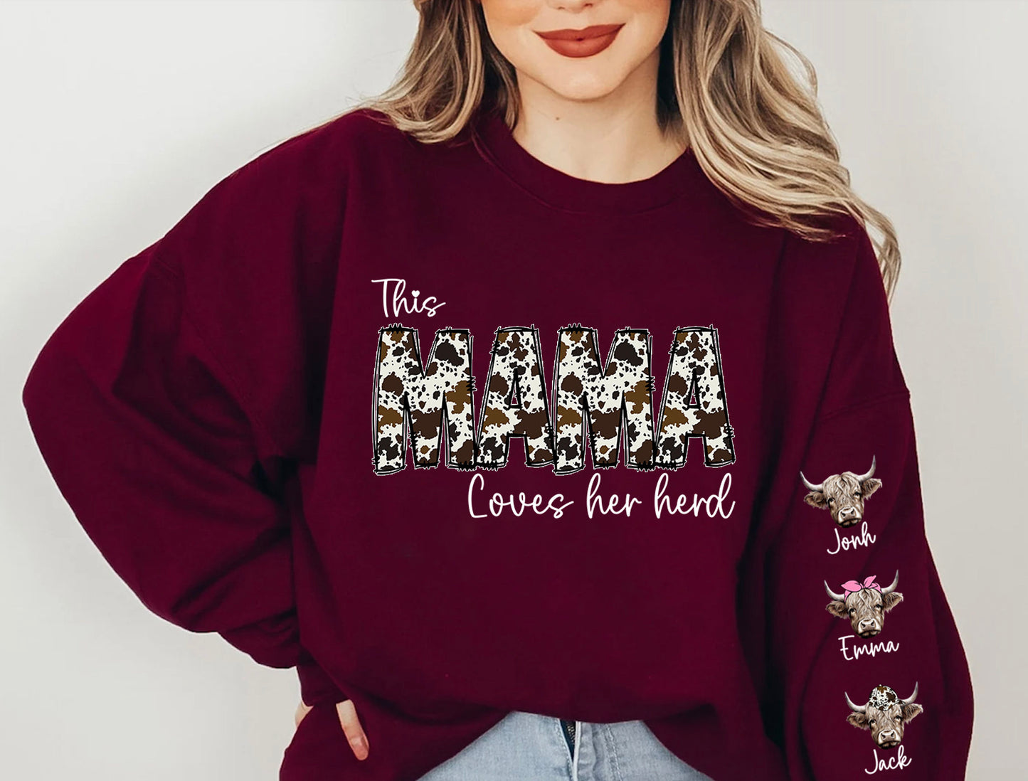 This MAMA wears her herds on her sleeve PNG, Custom Mama valentines day png, Cowhide Mama with highland cows, Valentine Mama png - VartDigitals