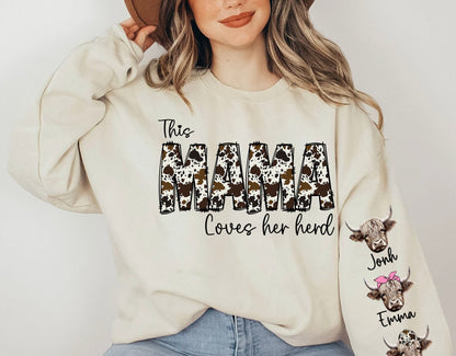 This MAMA wears her herds on her sleeve PNG, Custom Mama valentines day png, Cowhide Mama with highland cows, Valentine Mama png - VartDigitals