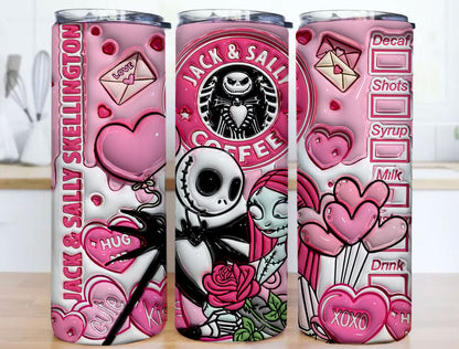 3D Jack And Sally Valentine Tumbler Design PNG, 3D Inflated Valentine Tumbler Wraps, Jack Sally Skellington,The Nightmare Before Christmas - VartDigitals