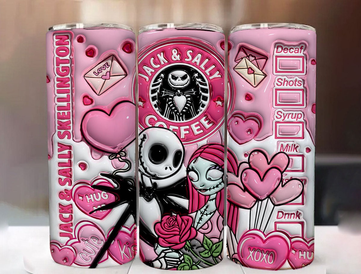 3D Jack And Sally Valentine Tumbler Design PNG, 3D Inflated Valentine Tumbler Wraps, Jack Sally Skellington,The Nightmare Before Christmas - VartDigitals