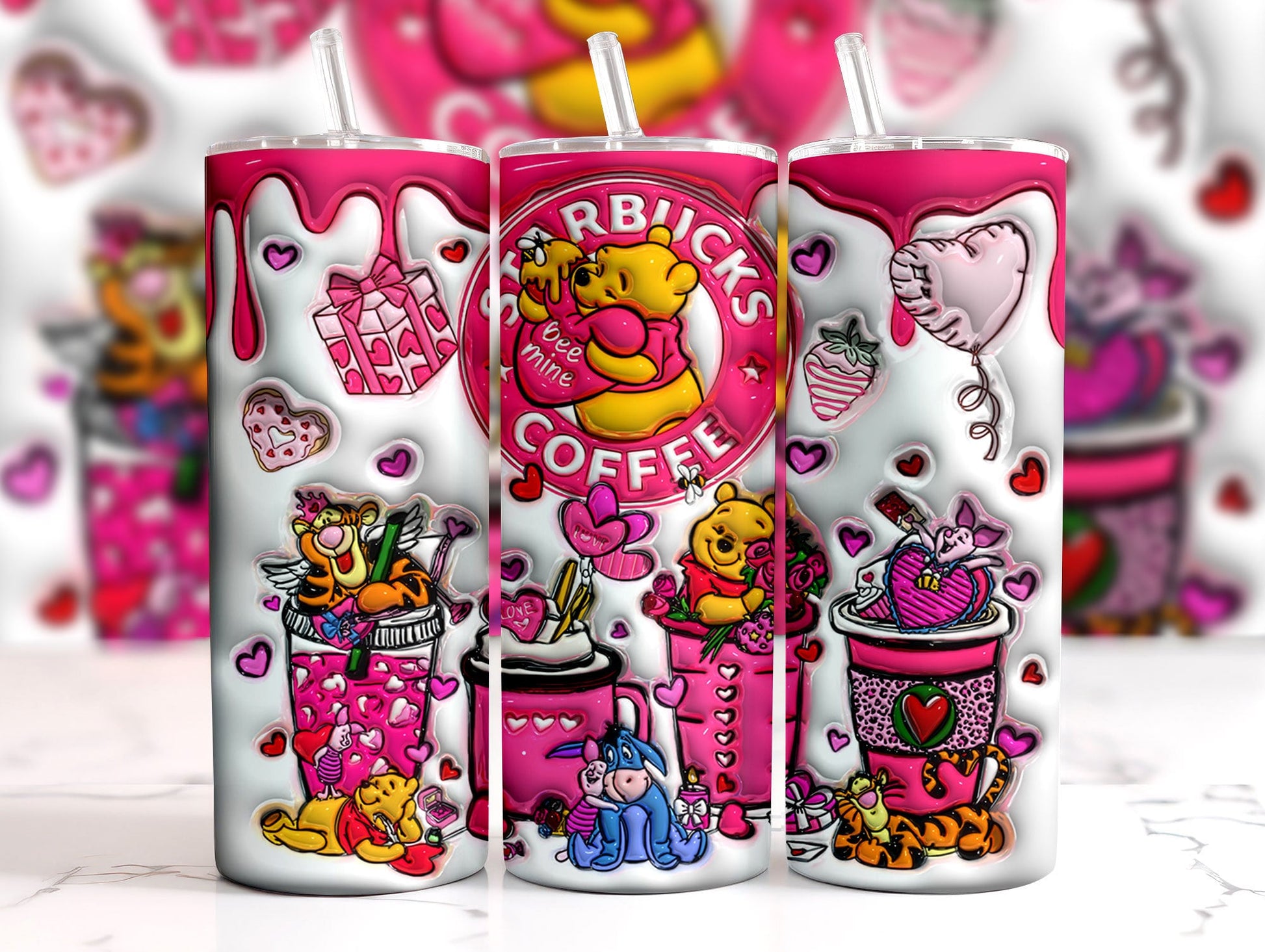 3D Inflated Cartoon Valentine Tumbler Wrap, Bear And Friends 3D Christmas Inflated Tumbler Wrap, Puffy Tumbler, Happy Valentine,Png Download - VartDigitals