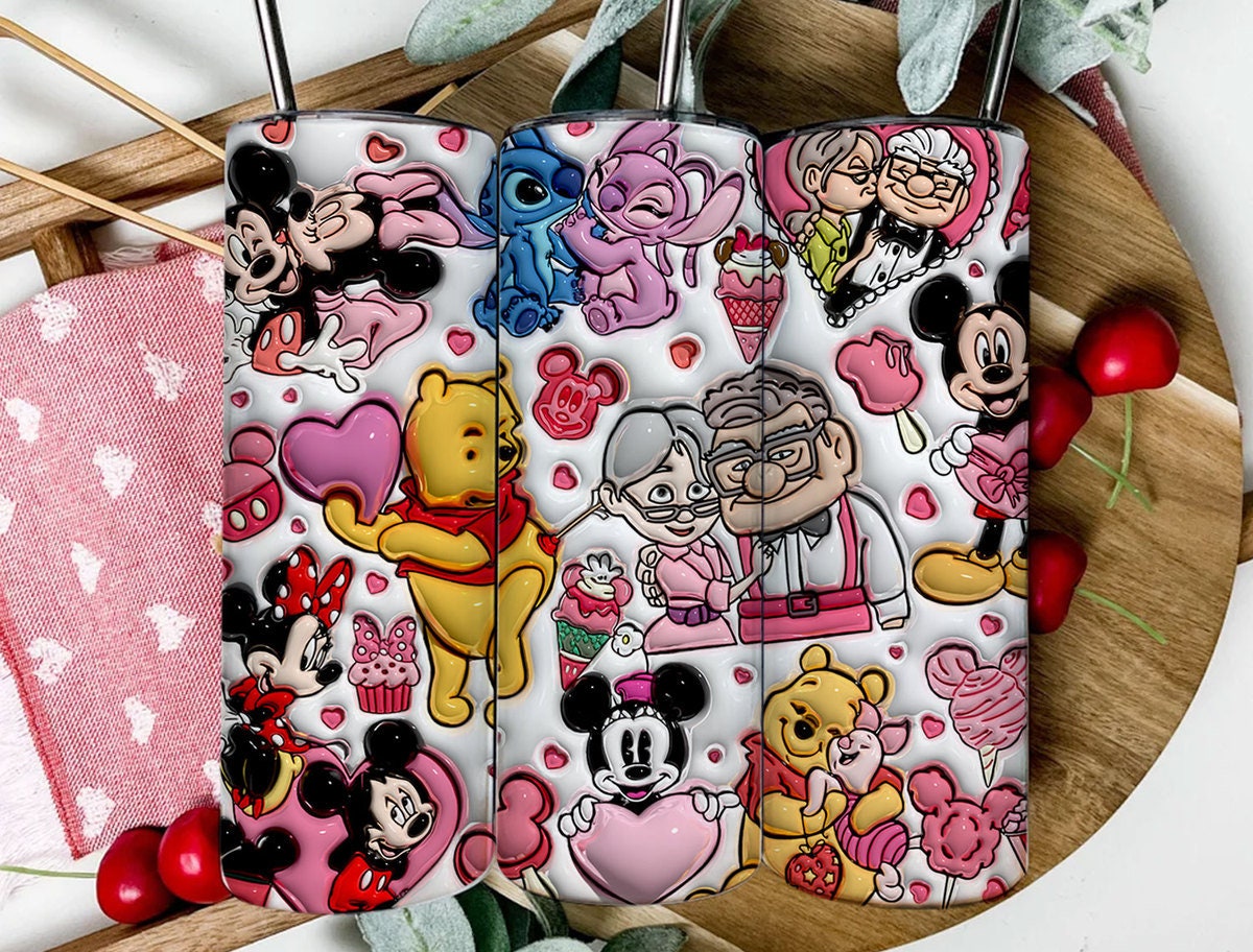 3D Inflated Stitch Valentine Tumbler Wrap, Mickey Minnie Valentine 3D Inflated Tumbler Wrap, Carl And Ellie Tumbler Png, Pooh Valentine - VartDigitals