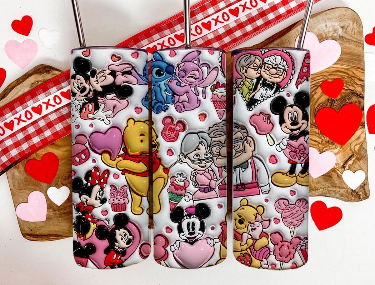 3D Inflated Stitch Valentine Tumbler Wrap, Mickey Minnie Valentine 3D Inflated Tumbler Wrap, Carl And Ellie Tumbler Png, Pooh Valentine - VartDigitals