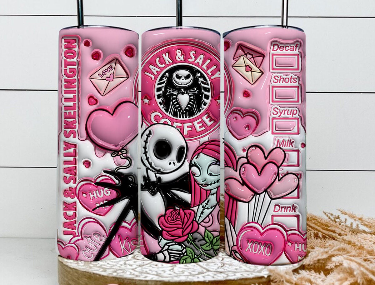 3D Jack And Sally Valentine Tumbler Design PNG, 3D Inflated Valentine Tumbler Wraps, Jack Sally Skellington,The Nightmare Before Christmas - VartDigitals