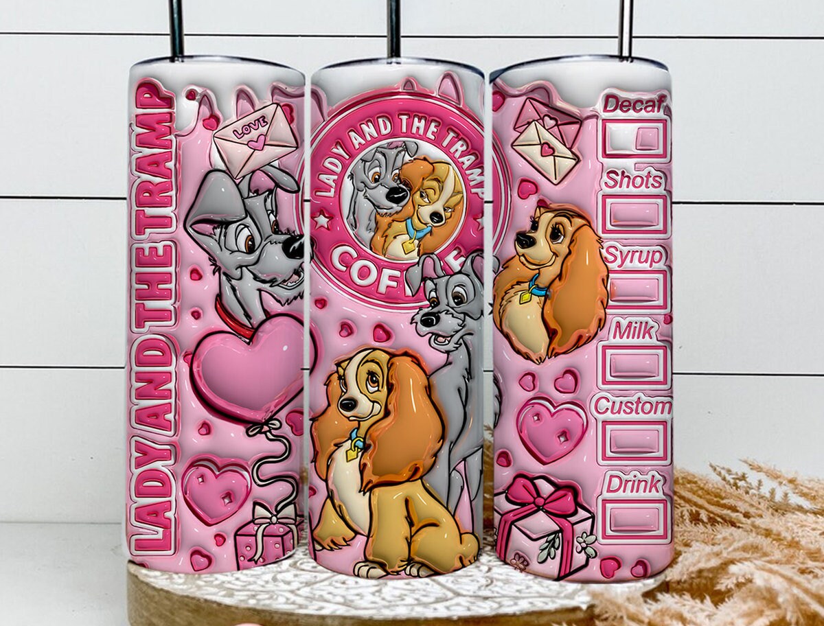 3D Lady and the Tramp Valentine Tumbler Design PNG, 3D Inflated Valentine Tumbler Wrap, Dog Lover Valentine Tumbler Wrap, Valentine Coffee - VartDigitals