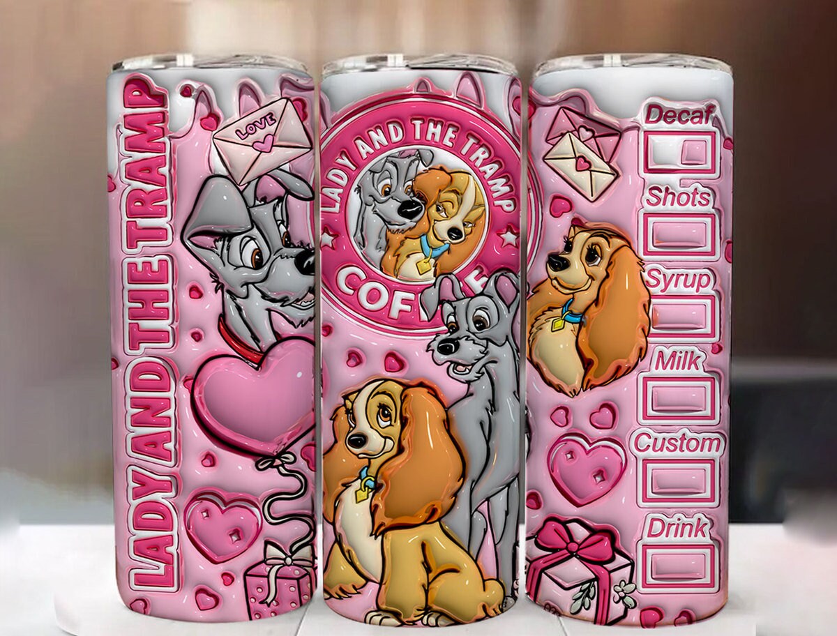 3D Lady and the Tramp Valentine Tumbler Design PNG, 3D Inflated Valentine Tumbler Wrap, Dog Lover Valentine Tumbler Wrap, Valentine Coffee - VartDigitals