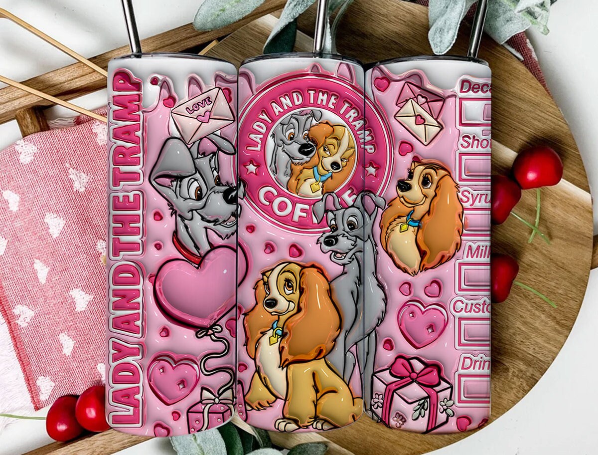 3D Lady and the Tramp Valentine Tumbler Design PNG, 3D Inflated Valentine Tumbler Wrap, Dog Lover Valentine Tumbler Wrap, Valentine Coffee - VartDigitals