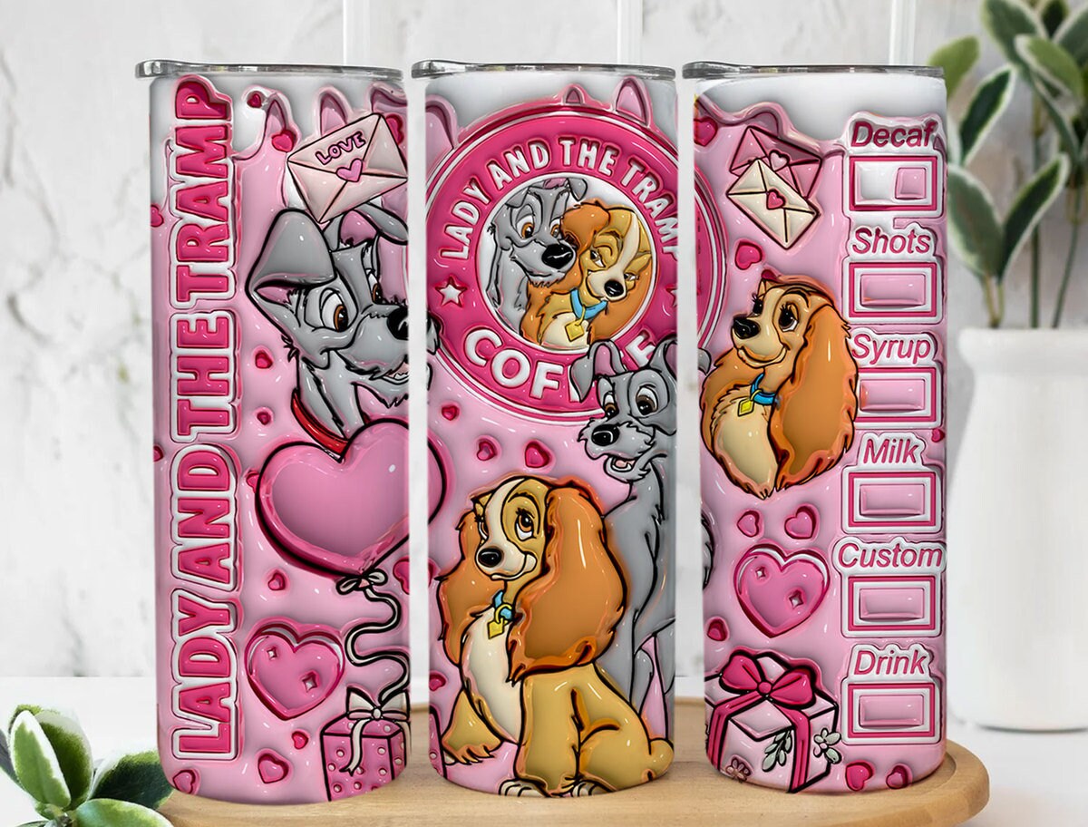 3D Lady and the Tramp Valentine Tumbler Design PNG, 3D Inflated Valentine Tumbler Wrap, Dog Lover Valentine Tumbler Wrap, Valentine Coffee - VartDigitals