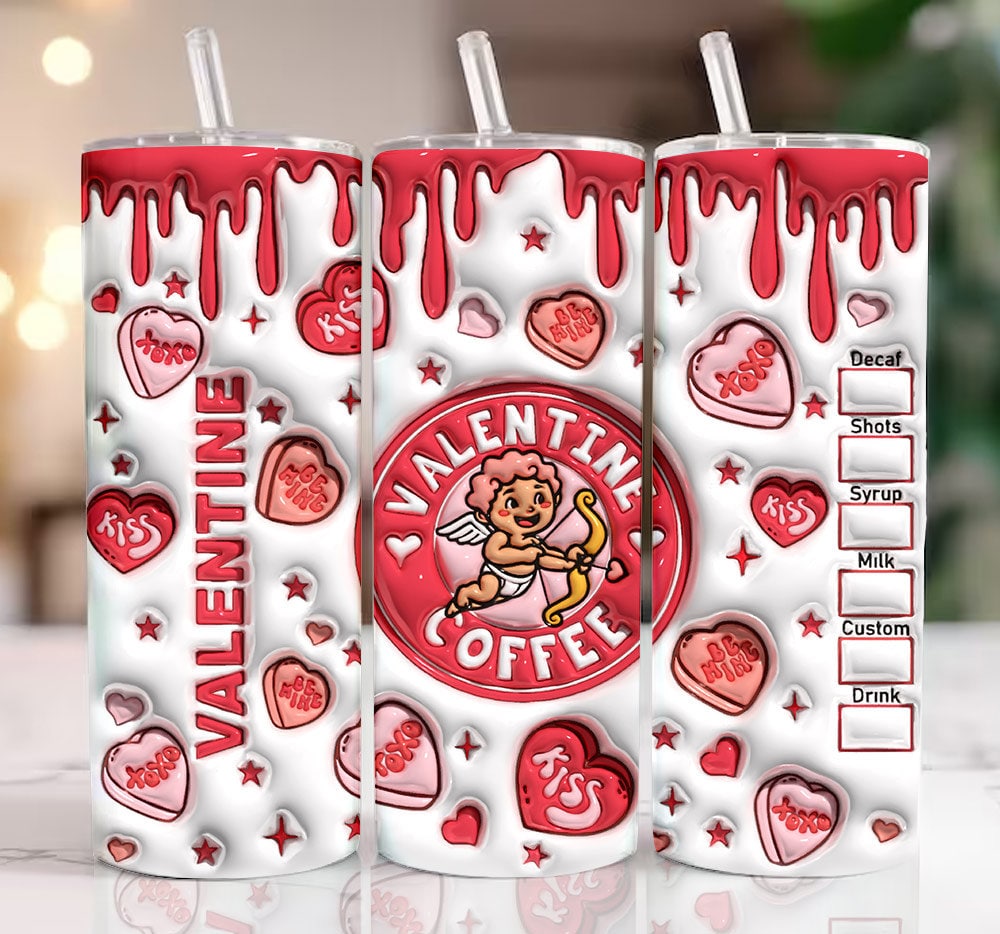 3D Valentine Coffee Inflated Tumbler Wrap, Conversation Hearts Puffy Tumbler Sublimation Design, Cupid Vibes, Valentines Day Puffy Design - VartDigitals