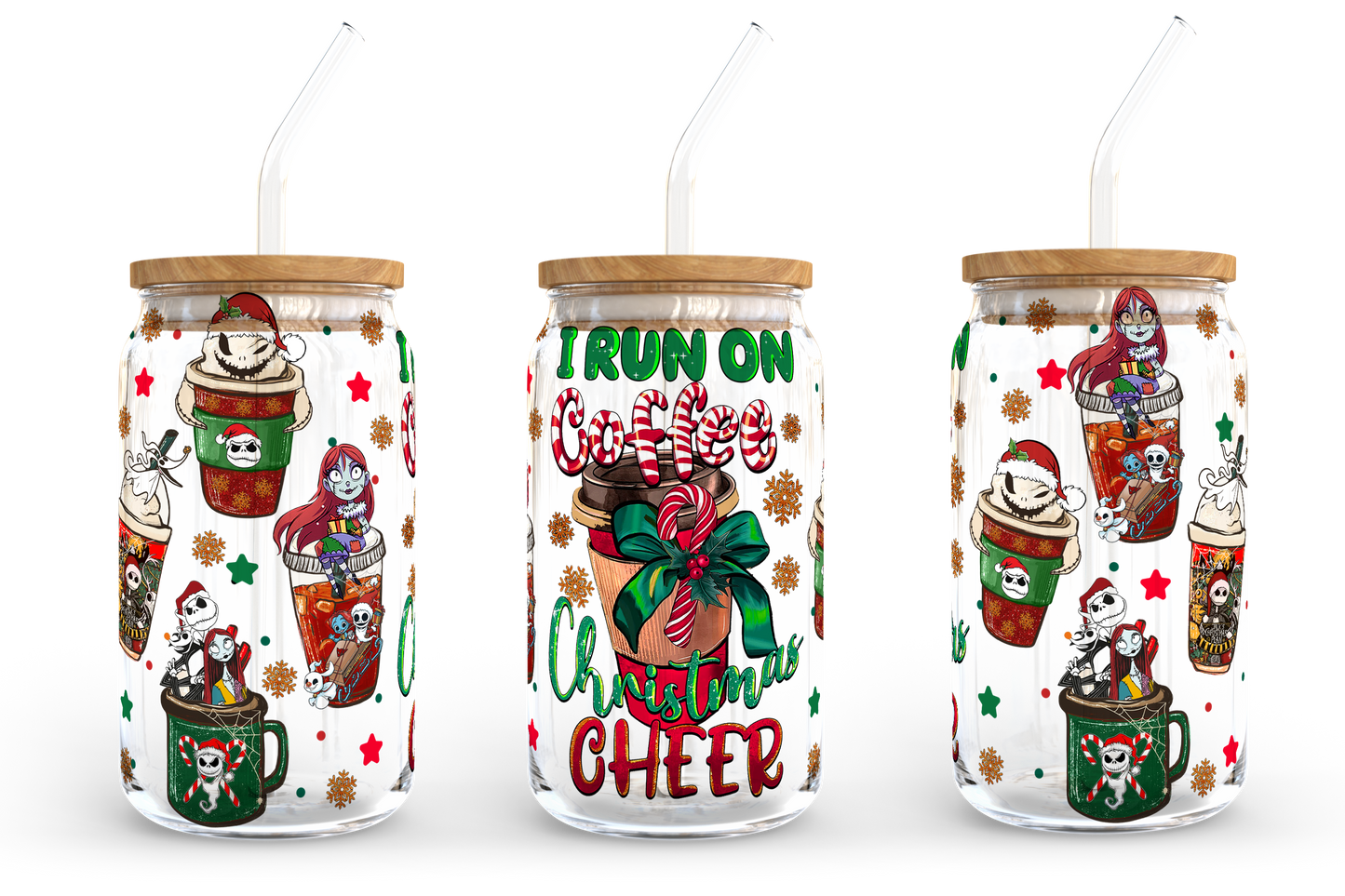 I Run On Coffee And Christmas Cheer 16oz Libbey Glasdose, Weihnachtsstimmung Milchglas, Weihnachtsmann Bierdose Glas, Retro Weihnachtsdesign