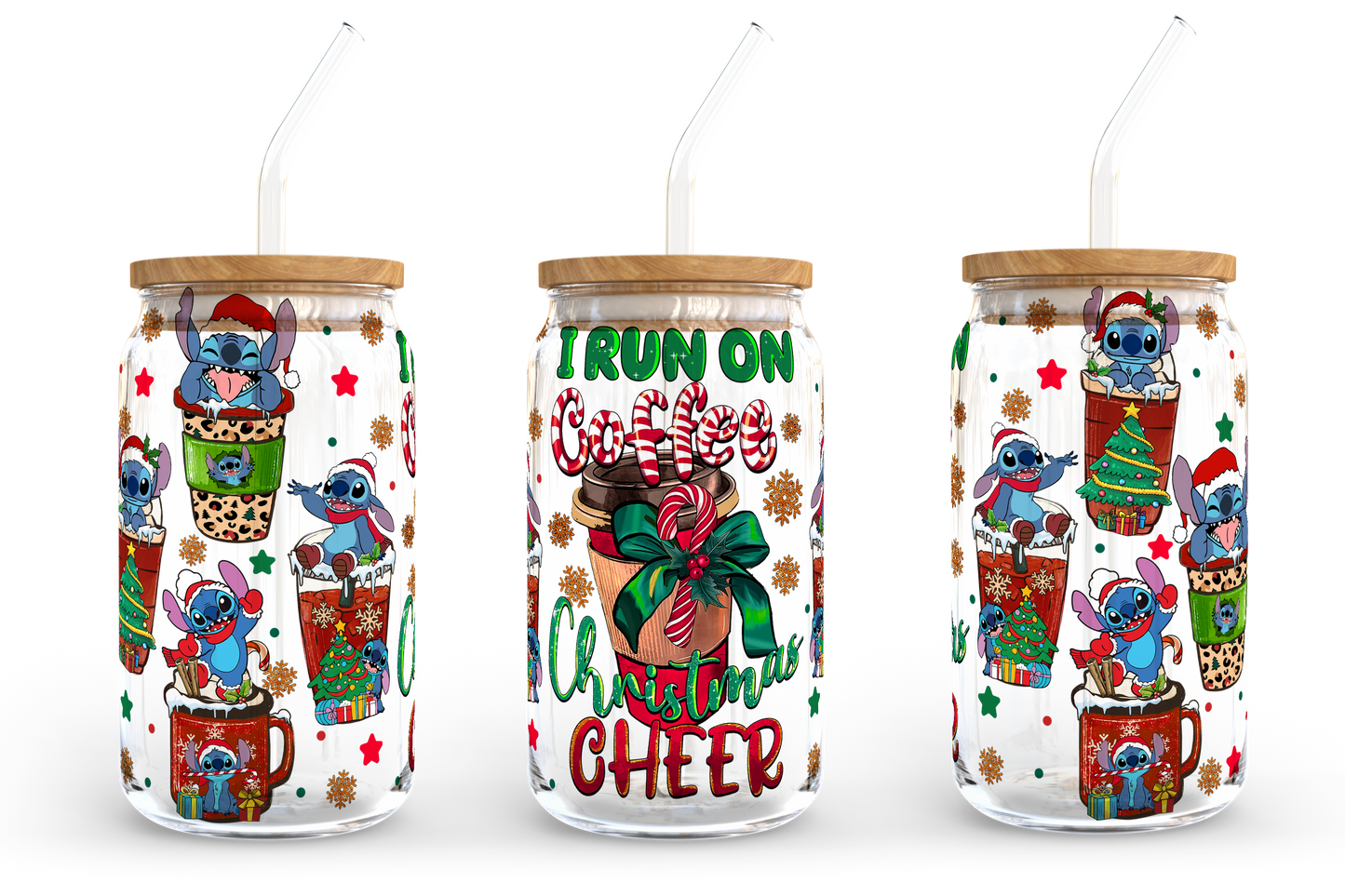 I Run On Coffee And Christmas Cheer 16oz Libbey Glasdose, Weihnachtsstimmung Milchglas, Weihnachtsmann Bierdose Glas, Retro Weihnachtsdesign