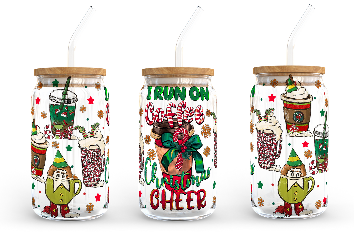 I Run On Coffee And Christmas Cheer 16oz Libbey Glasdose, Weihnachtsstimmung Milchglas, Weihnachtsmann Bierdose Glas, Retro Weihnachtsdesign