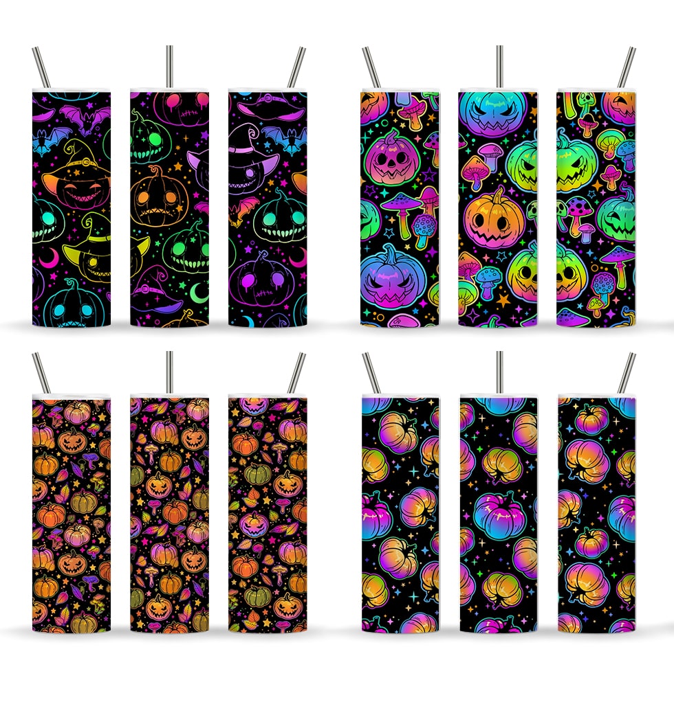 Mehrfarbiger Halloween Kürbis 20Oz Skinny Tumbler, buntes Sublimationsdesign, Halloween Fledermaus Kürbis Tumbler Wrap