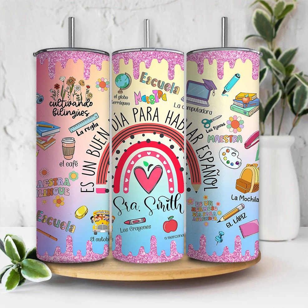 Personalisierter 20oz Tumbler Wrap für Spanischlehrer, Maestra Glitzer Tumbler Design, Geschenk zur Wertschätzung für Lehrer, 20oz Skinny Sublimation Design, Maestra