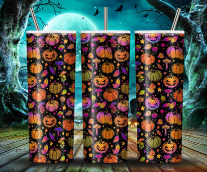 Mehrfarbiger Halloween Kürbis 20Oz Skinny Tumbler, buntes Sublimationsdesign, Halloween Fledermaus Kürbis Tumbler Wrap