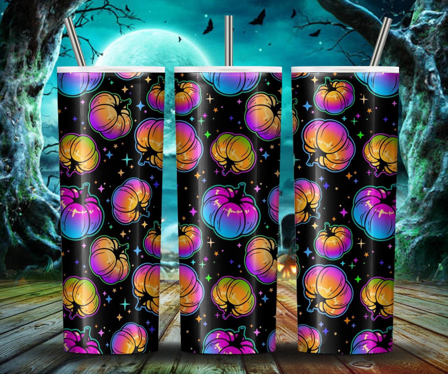 Mehrfarbiger Halloween Kürbis 20Oz Skinny Tumbler, buntes Sublimationsdesign, Halloween Fledermaus Kürbis Tumbler Wrap