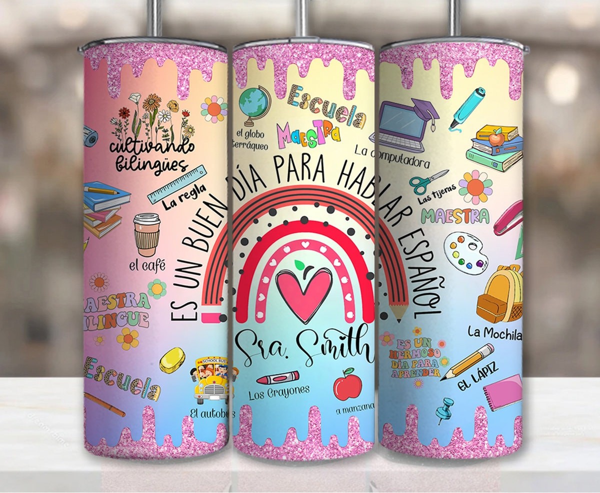 Personalisierter 20oz Tumbler Wrap für Spanischlehrer, Maestra Glitzer Tumbler Design, Geschenk zur Wertschätzung für Lehrer, 20oz Skinny Sublimation Design, Maestra