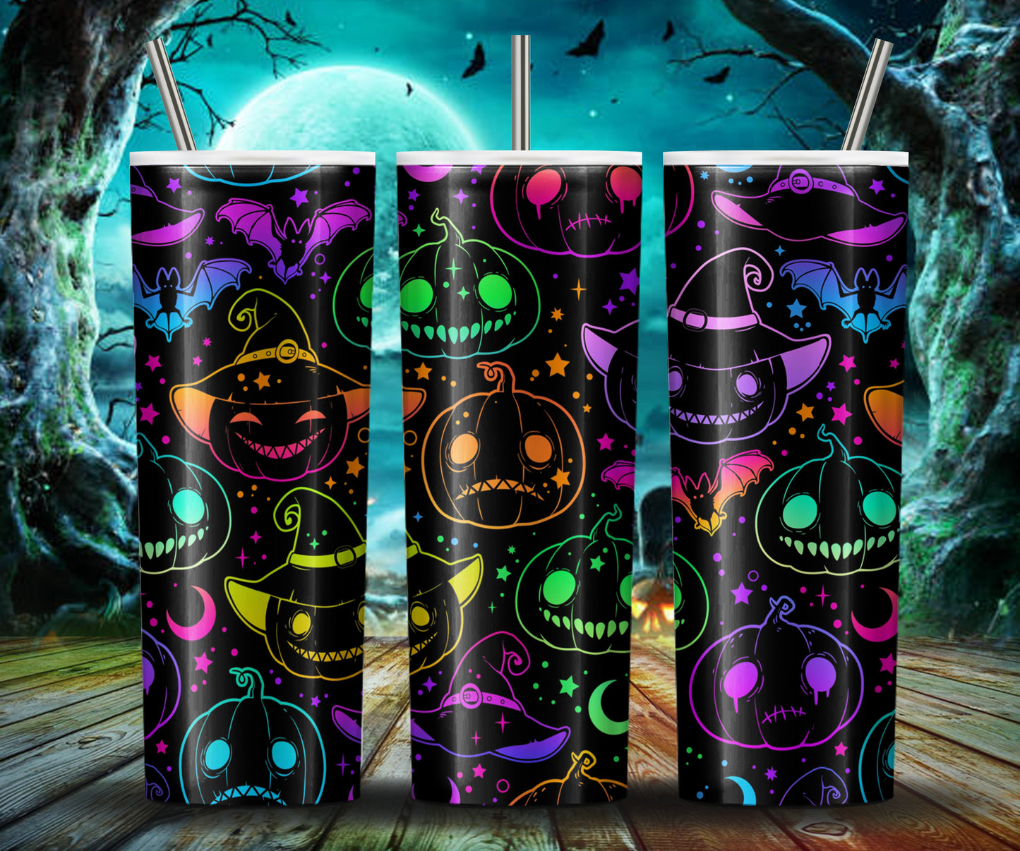 Mehrfarbiger Halloween Kürbis 20Oz Skinny Tumbler, buntes Sublimationsdesign, Halloween Fledermaus Kürbis Tumbler Wrap