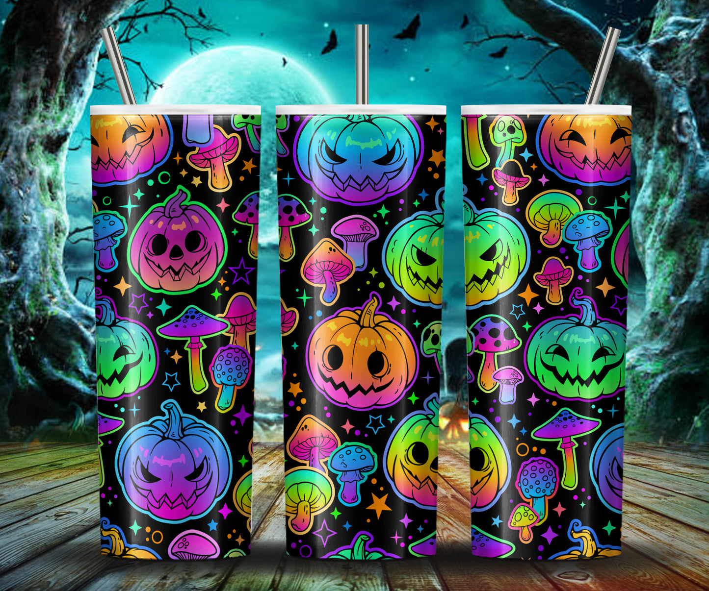 Mehrfarbiger Halloween Kürbis 20Oz Skinny Tumbler, buntes Sublimationsdesign, Halloween Fledermaus Kürbis Tumbler Wrap