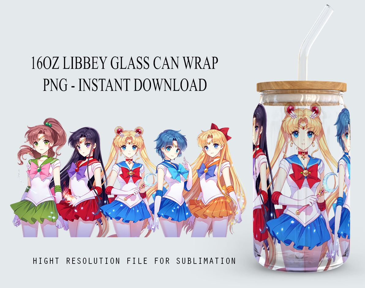 Anime Sailor Girls Tumbler Wrap, Libbey 16ozGlass Dose Design, Anime Tumbler - Sublimation Design Digital Download - PNG Active 2