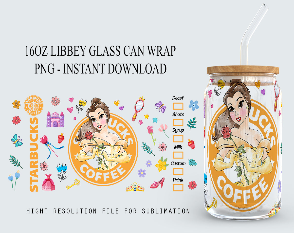 Princess Tumbler, Princess Glass Wrap, 16oz Glass Can Png, Libbey Can Glass 16oz, Princess Starbucks Wrap, Princess Png, Princess Images 3 - VartDigitals