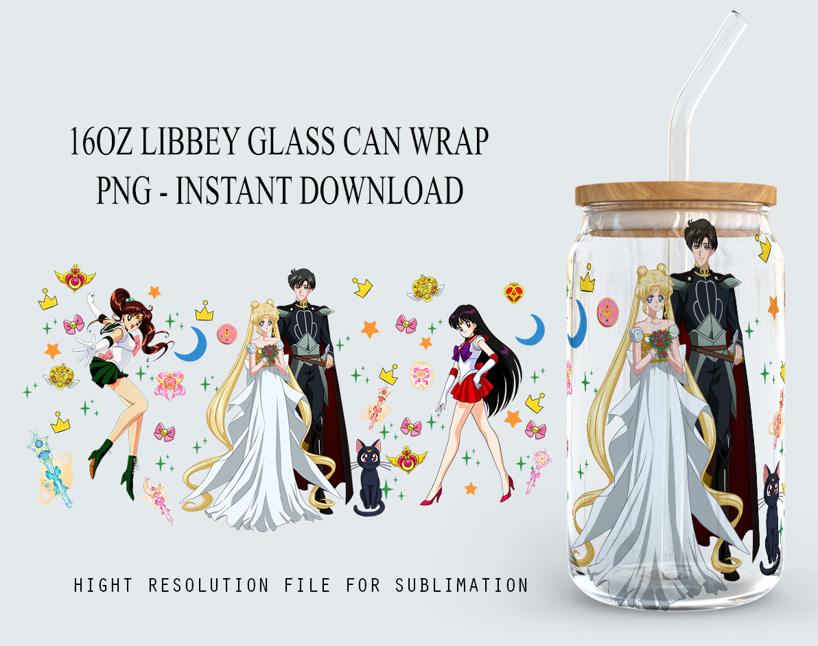 Anime Sailor Girls Tumbler Wrap, Libbey 16ozGlass Dose Design, Anime Tumbler - Sublimation Design Digitaler Download - PNG Active 3