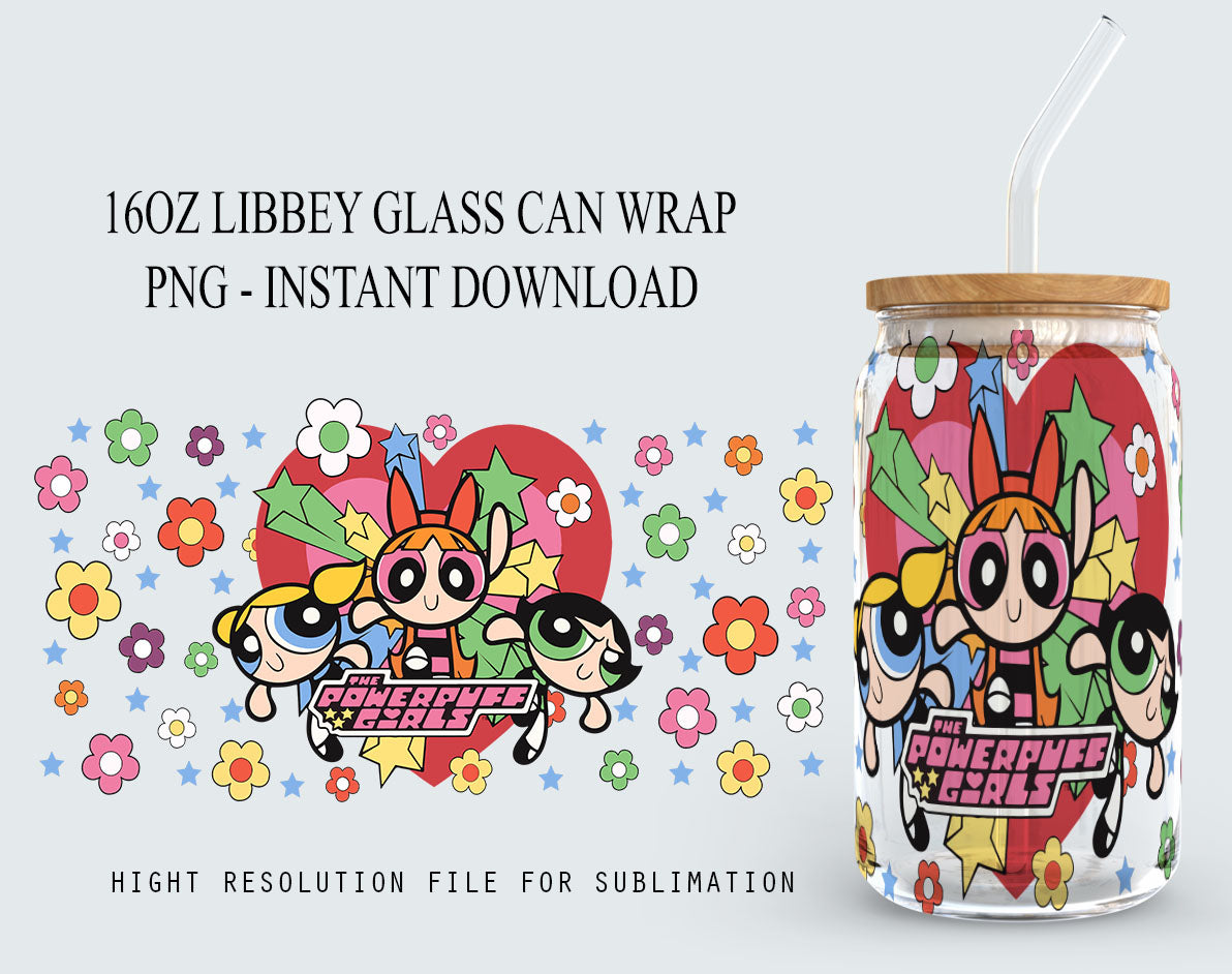 Power Girls Libbey PNG, 16oz Glass Can Wrap, 16oz Libbey Can Glass, Girl Power Tumbler Wrap, Full Glass Can Wrap, Cartoon Tumbler - VartDigitals