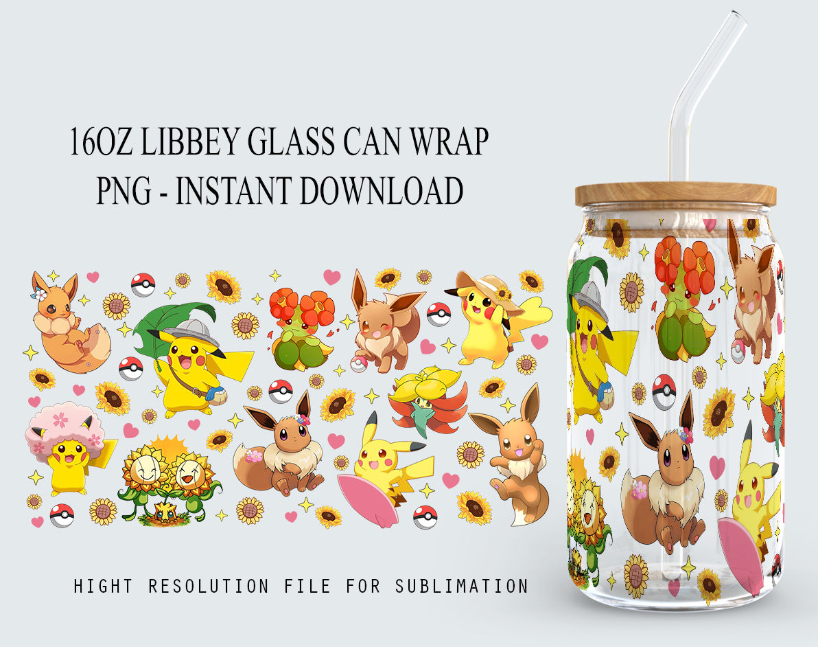 Cartoon Spring Can Glass, Gotta catch ‘em all Can Glass, Poke Glass Can Wrap, Pokemon Libbey Can Glass 16oz, 20oz Skinny Tumbler - VartDigitals