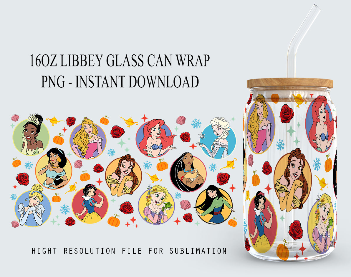 Princess 16oz, Cartoon Tumbler Wrap, Princess Tumbler, 16oz Libbey Can Glass, Cartoon Tumbler, Can Glass Png Download, Full Tumbler Wrap - VartDigitals