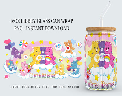 Bären Cartoons 16oz Wrap, 16oz Libbey Glasdose, Frosted Dose Glas, Sublimation Design, Regenbogen Design, Süße Bären Wrap, Süßes Cartoon Design