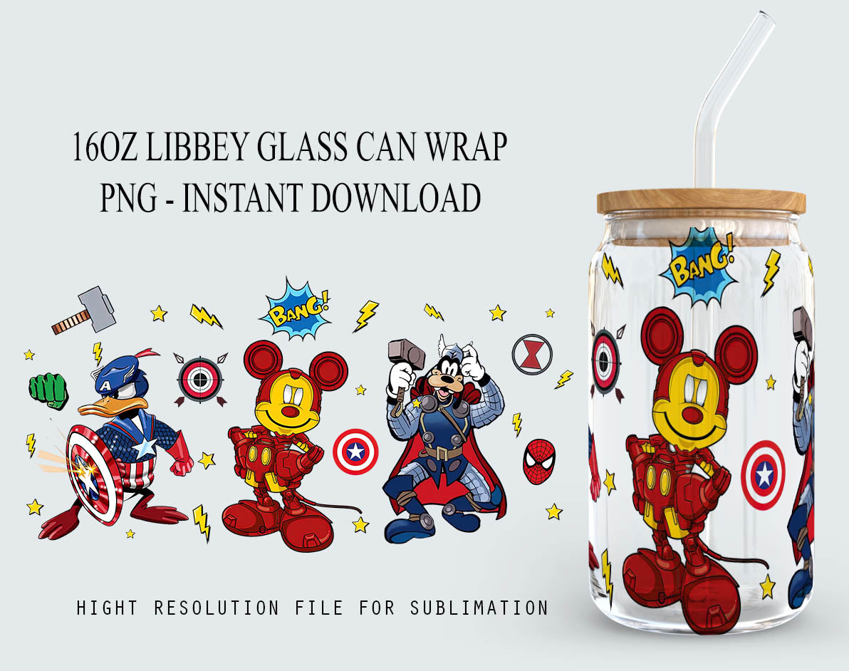 Mickey Superheld 16oz Glasdosenverpackung, 16oz Libbey Dosenglas, Mickey And Friends Avengers Becherverpackung, Vollglasdosenverpackung, Cartoon Becher