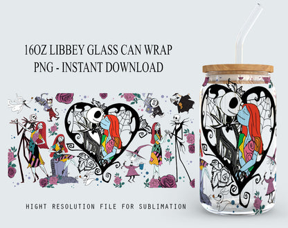 Gruseliger Film Nightmare Tumbler Wrap, Glasdose 16oz, Full Tumbler Wrap, Sublimation Design Digital Download, Jack And Sally Cup, Boo Bash 