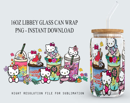 Kitty Strawberry Tumbler Wrap, Kawaii Pink Tumbler Wrap, Cartoon Tumbler Wrap, 16oz Can Glass Wrap, Friends Coffee Wrap, Hello Cat Png - VartDigitals