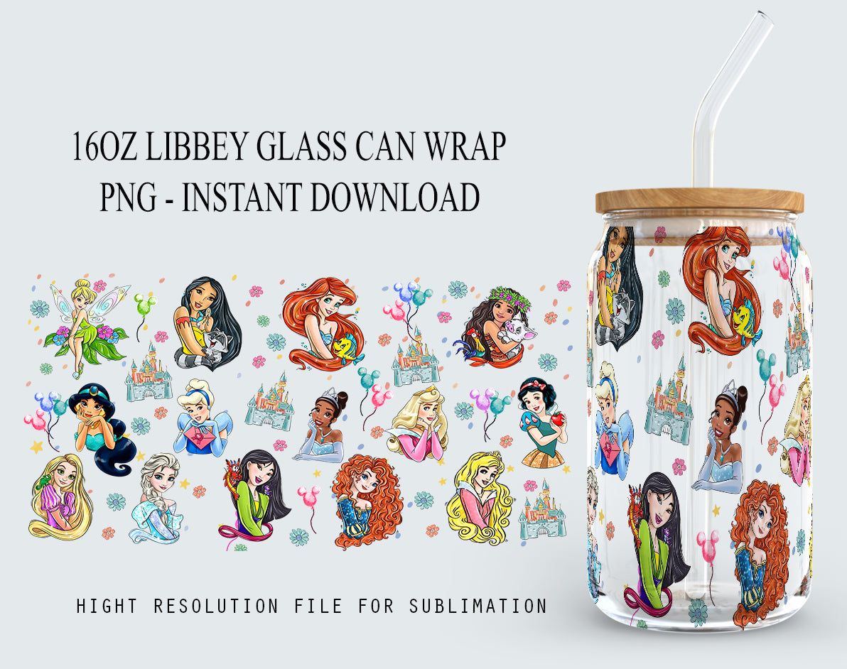 Cartoon Characters 16oz Glass Can Wrap, Cartoon Princess 16 oz Glass Can Png, Princess 16 oz Libbey Glass Can Wrap, 16 oz Tumbler - VartDigitals