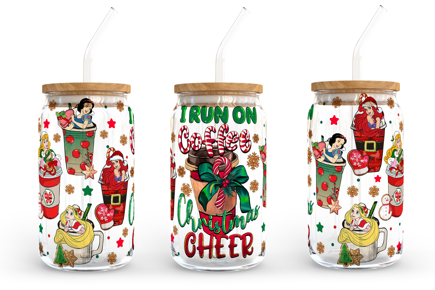 I Run On Coffee And Christmas Cheer 16oz Libbey Glasdose, Weihnachtsstimmung Milchglas, Weihnachtsmann Bierdose Glas, Retro Weihnachtsdesign